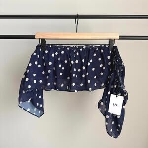 LPA Navy Polka Dot Ruffle Off-Shoulder Bandeau Top